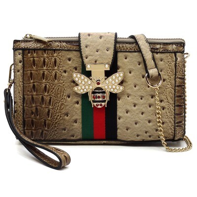 Designer Look  Bee Stripe Ostrich Croc Crossbody Clutch Wristlet