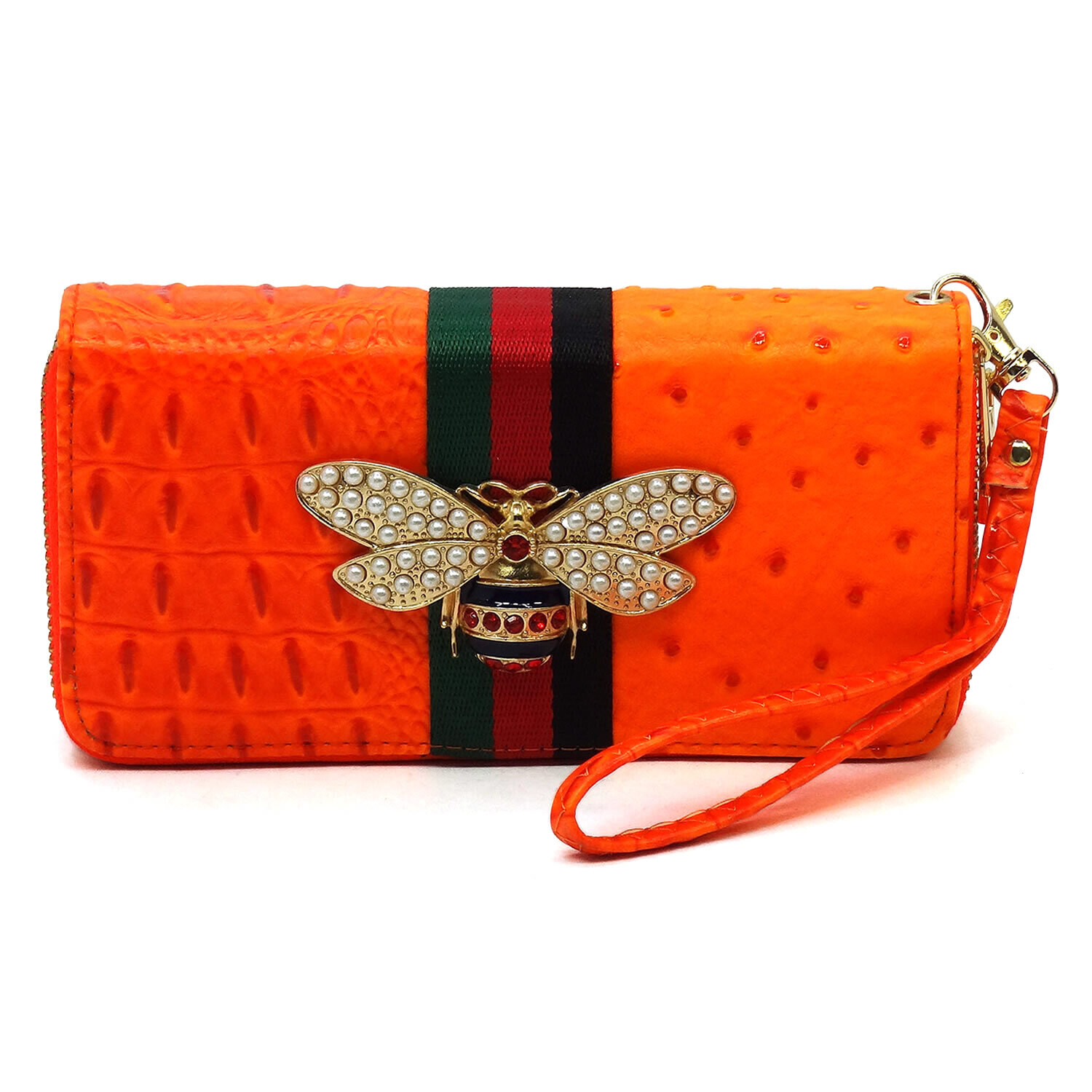 Designer Look Ostrich Double Zip Around Wallet, Color: Neon Orange