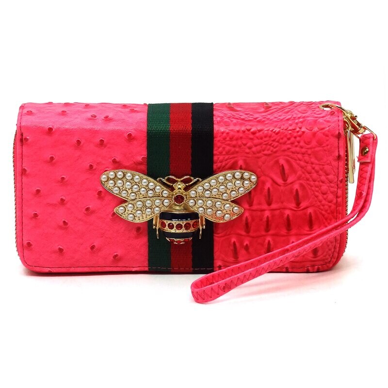 Designer Look Ostrich Double Zip Around Wallet