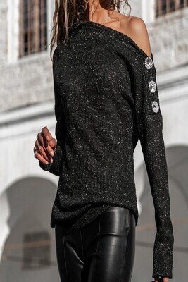 Gorgeous Speckled Black One Shoulder Button Sweat 