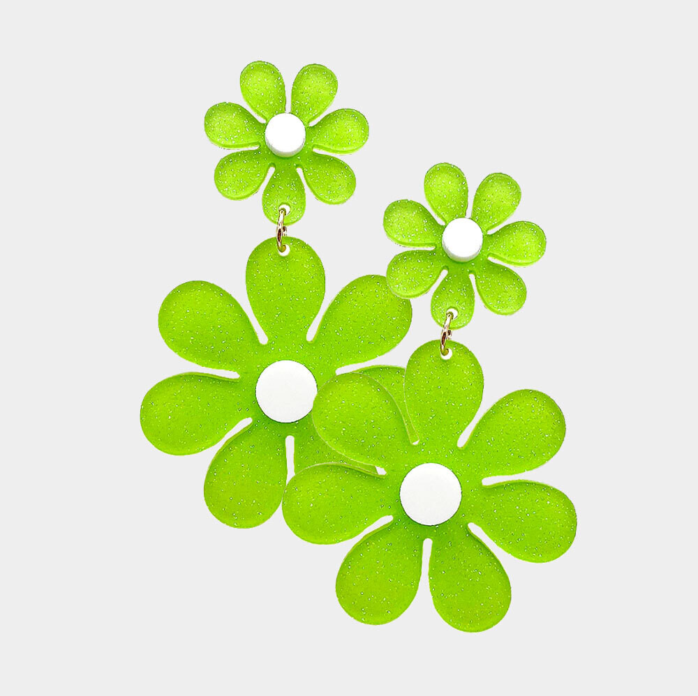 Glittered Double Resin Flower Link Dangle Earrings, Color: Neon Green