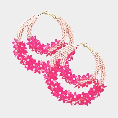 Flower Cluster Accented Seed Beaded Hoop Earrings