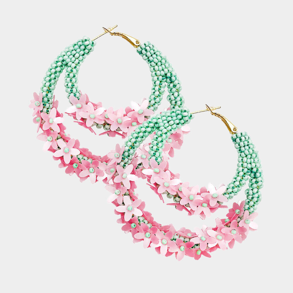 Flower Cluster Accented Seed Beaded Hoop Earrings