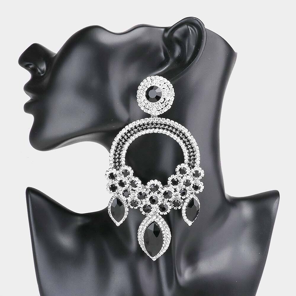 XLG Marquise Triple Flower Chandelier Earring, Color: Clear/Black