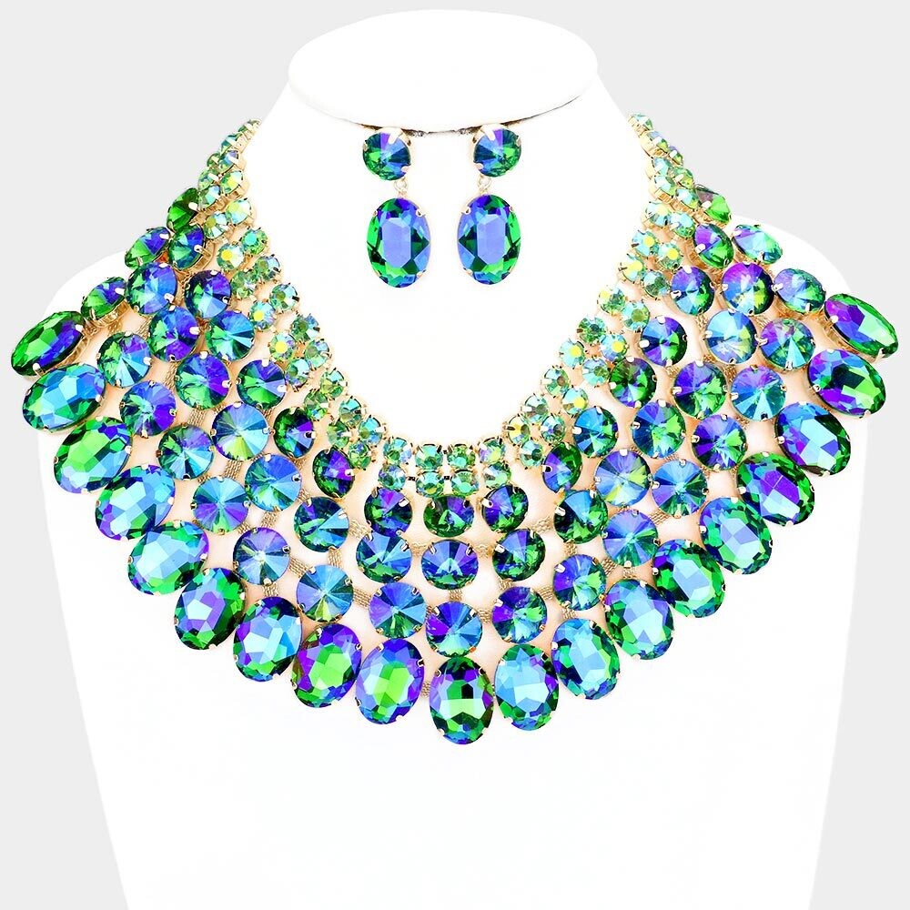 Green/AB Crystal Glass Bib Statement Necklace