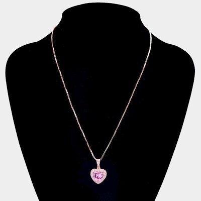 Rose Gold Pink CZ Heart Pendant Necklace