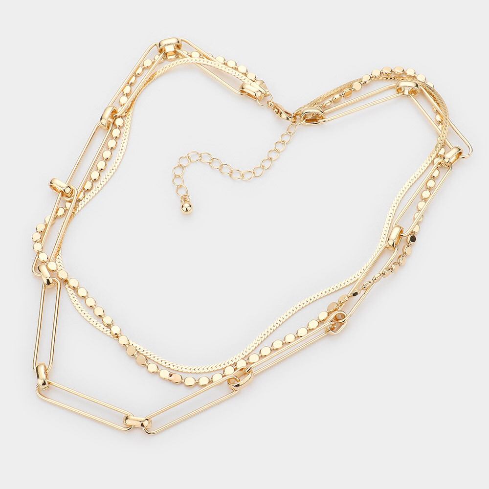 Metal Chain Open Oval Link Triple Layered Necklace, Color: Gold