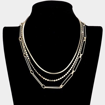 Metal Chain Open Oval Link Triple Layered Necklace
