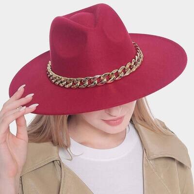 Burgundy  Solid Panama Hat With Gold Chain Accent