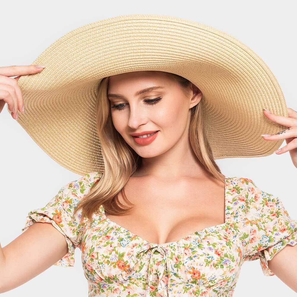 Large Brim Solid Straw Sun Hat, Color: Beige