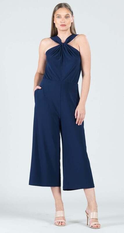 Navy Grecian Halter Pocket Jumpsuit