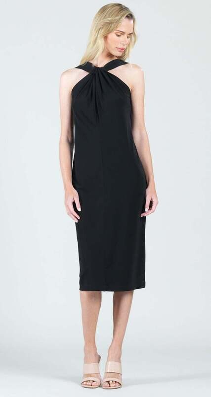 Black Grecian Halter Neckline Midi Sheath Dress