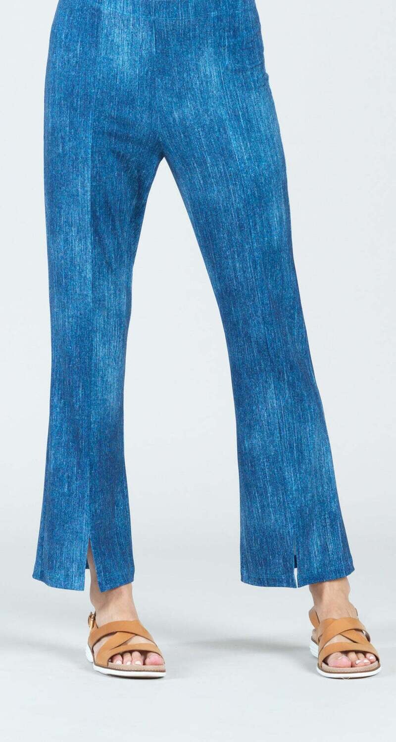 Denim Print Center Seam Front Slit Ankle Pant