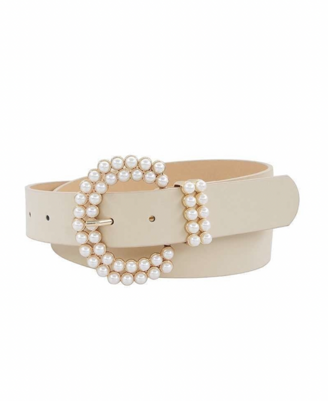 Vegan Leather Designer Look Pearl Accent Belt, Color: Ivory