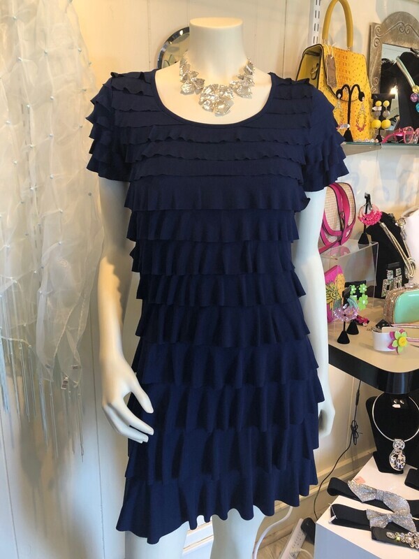 Navy Scoop Neck Flutter Layer Dress