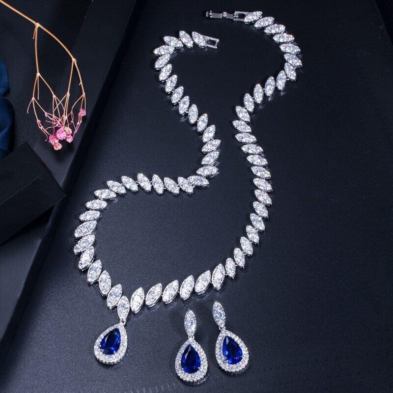 Rhodium Plated Clear Cubic Zirconia Blue Water Drop Set