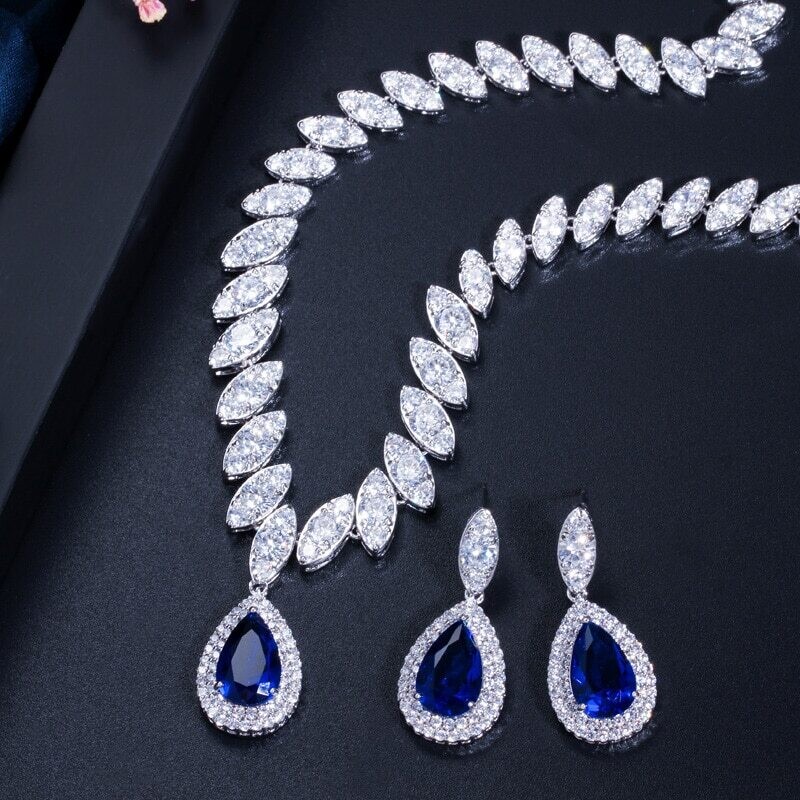 Rhodium Plated Clear Cubic Zirconia Blue Water Drop Set