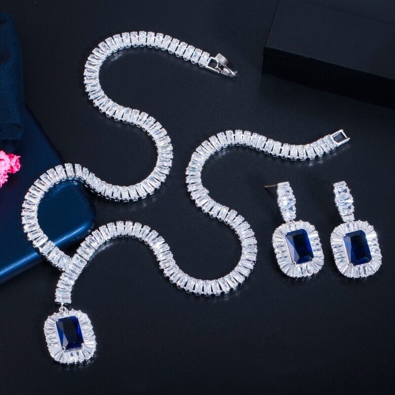Emerald Cut AAA Cubic Zirconia Clear/Navy Blue Formal Set