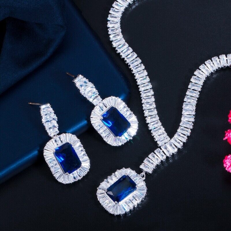 Emerald Cut AAA Cubic Zirconia Clear/Navy Blue Formal Set