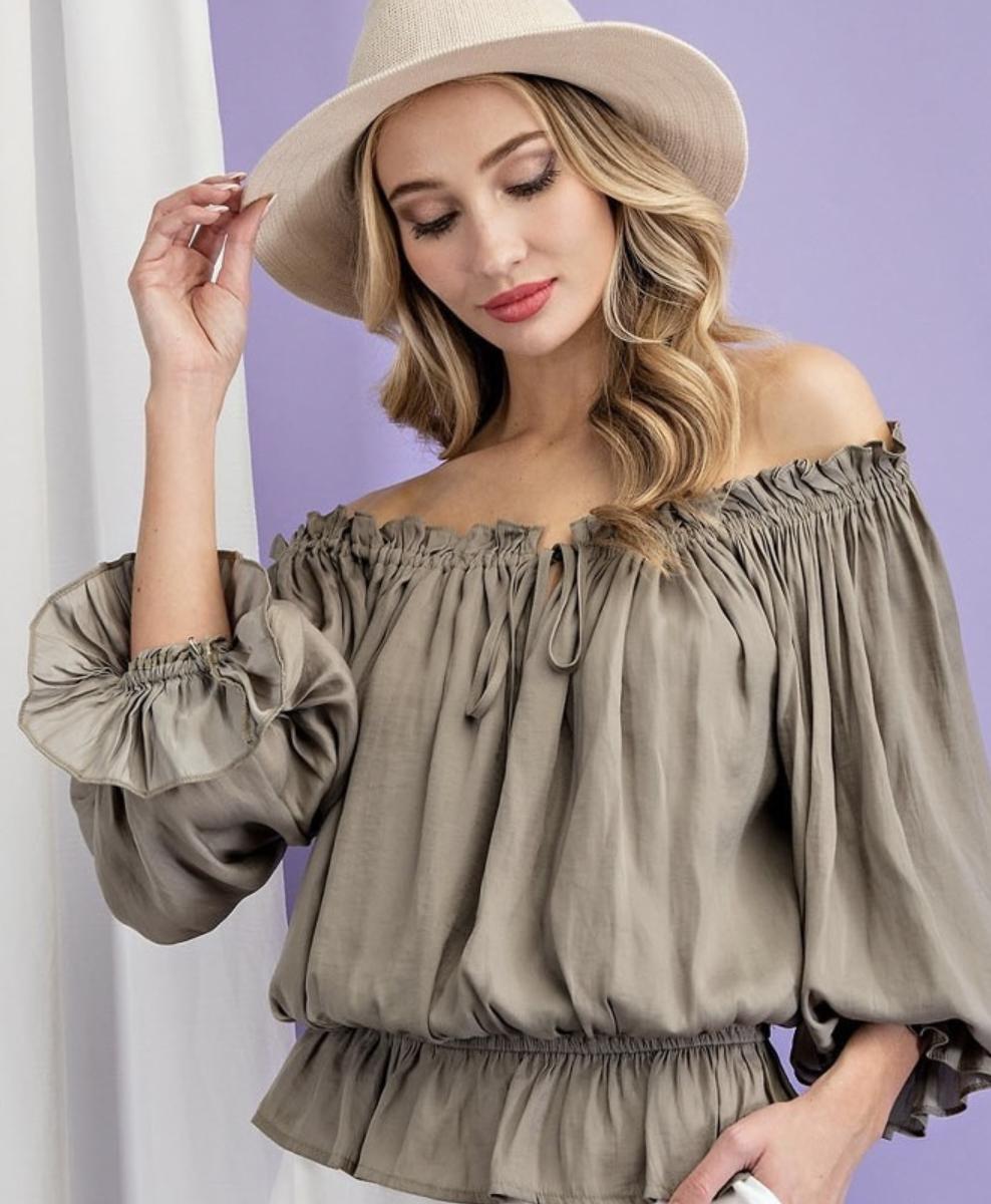 Sage Off The Shoulder Ruffle Trim Top