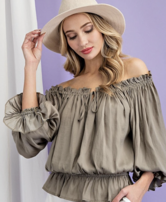 Sage Off The Shoulder Ruffle Trim Top