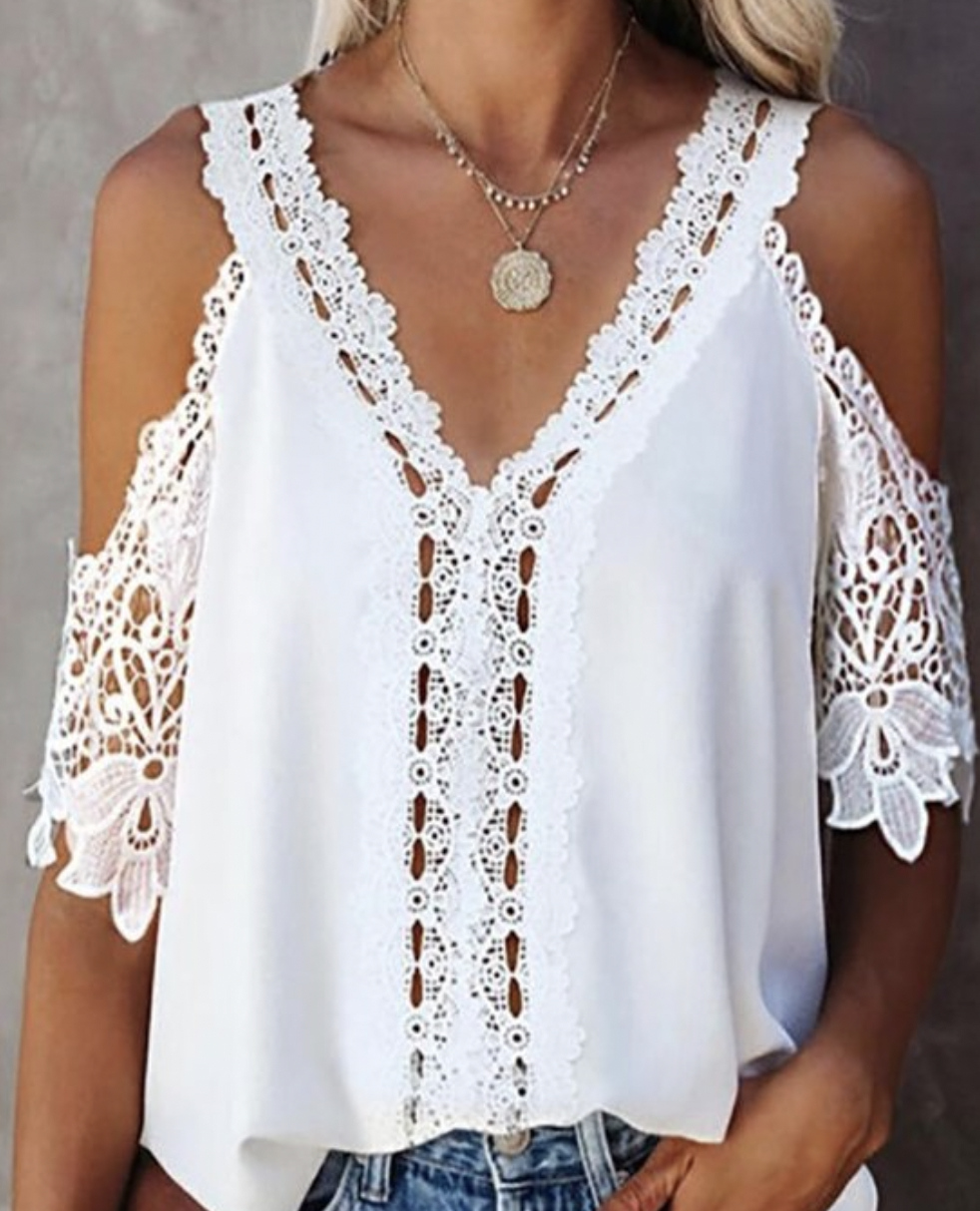 White Lace Cold Shoulder Sleeve Casual Blouse