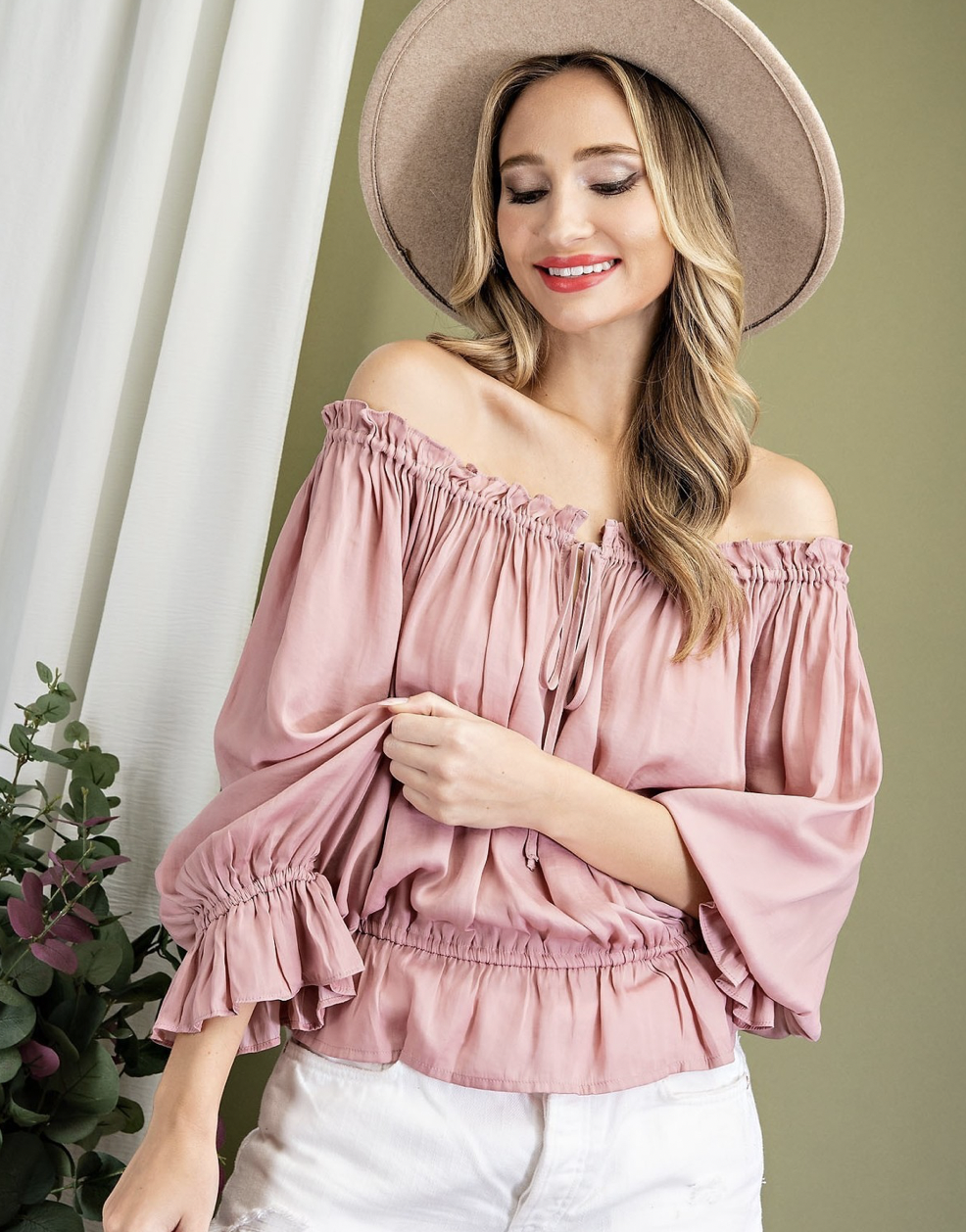 Blush Off The Shoulder Top With Ruffle Trimming
