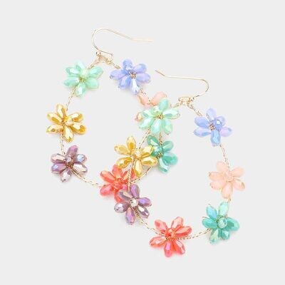 Beaded Flower Open Metal Teardrop Dangle Earrings