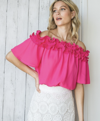 Hot Pink Ruffle Off The Shoulder Short Sleeve Top