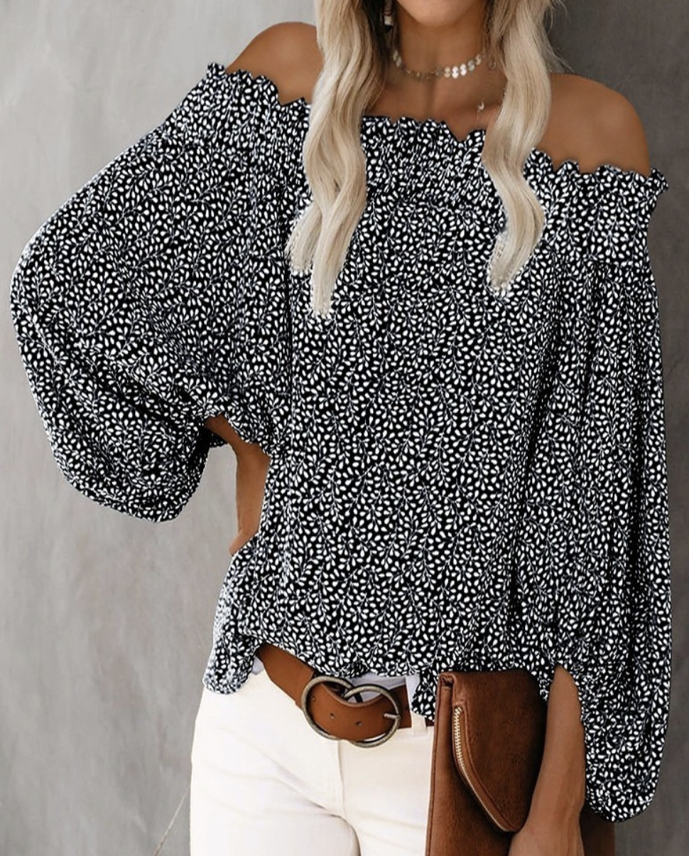 Black/White Off The Shoulder Floral Print Blouse