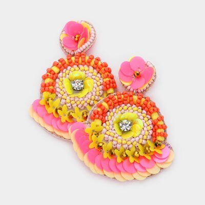 Pink/Orange  Flower Beaded Dangle Earrings