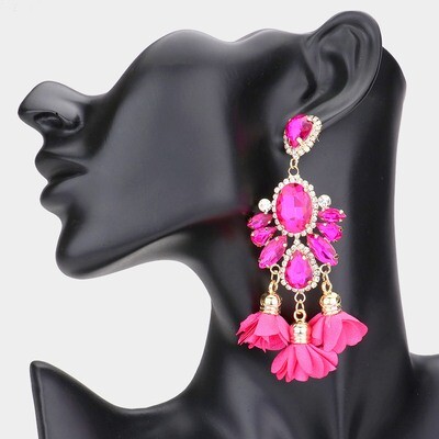 Gold/Pink Glass Stone Embellished Fabric Flower Tassel Dangle Earrings