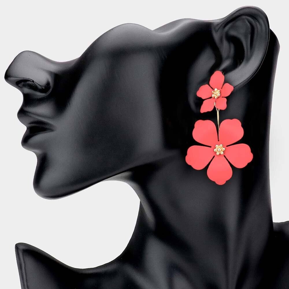 Double Bloom Flower Link Dangle Earrings, Color: Coral