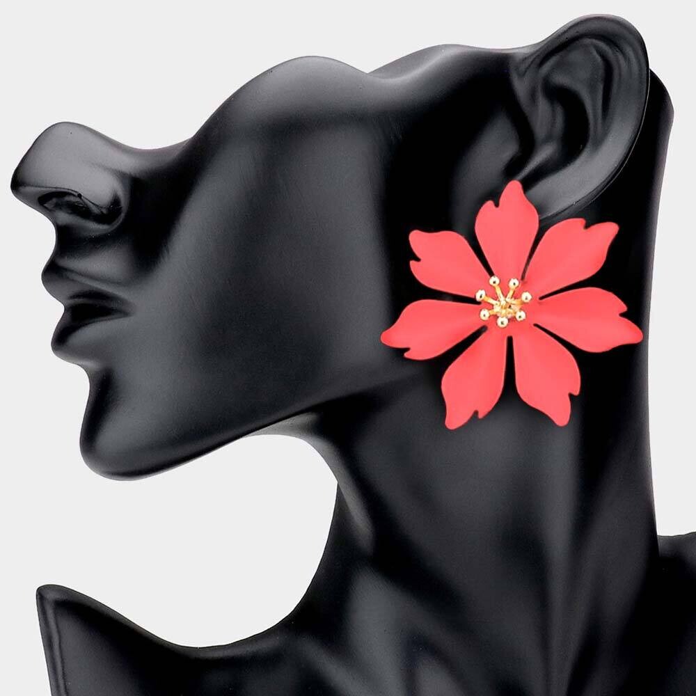 Large Bloom Flower Earrings, Color: Coral
