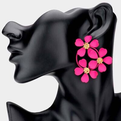 Hot Pink Triple Bloom Flower Earrings