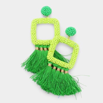 Lime Green Open Square Beaded Tassel Dangle Earrings