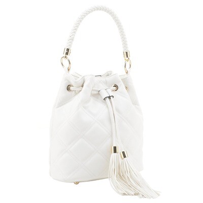 White Quilted Drawstring Bucket Shoulder Bag