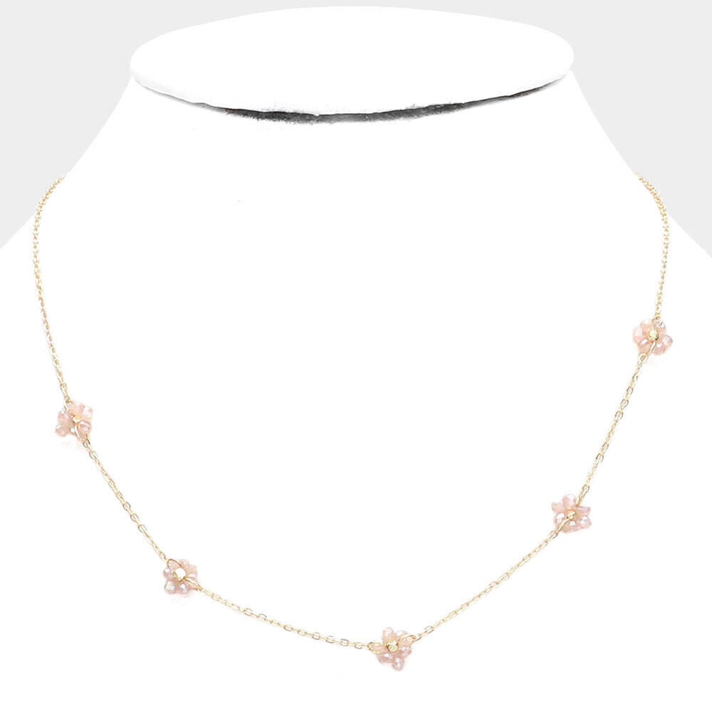 Pink Faceted Bead Flower Station Necklace