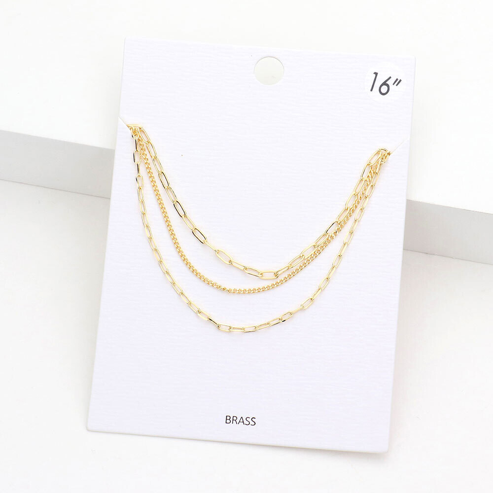Gold Brass Metal Chain Triple Layered Bib Necklace