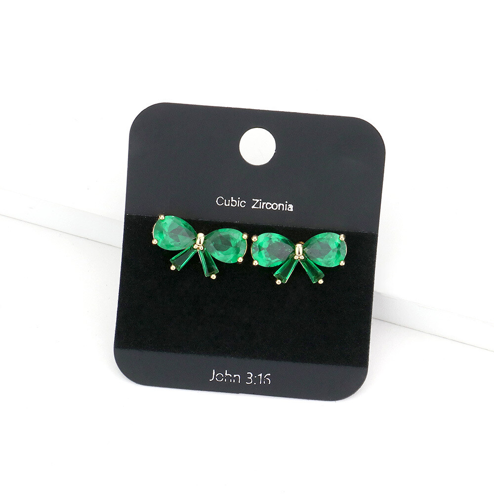 Emerald  CZ Stone Ribbon Stud Earrings