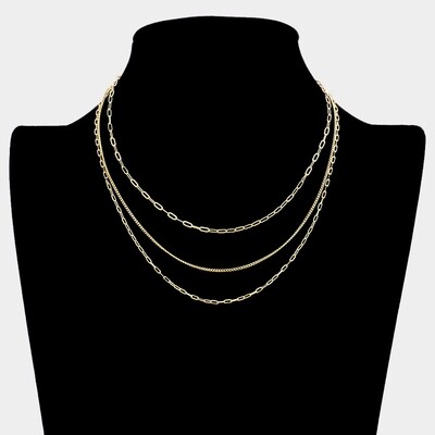 Gold Brass Metal Chain Triple Layered Bib Necklace