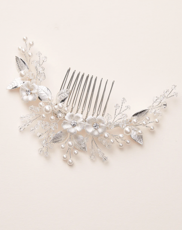 Elaborate Floral/Pearl/Crystal Hand Wired Hair Comb 