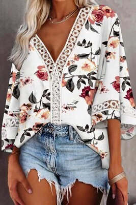 Floral Print Bell Sleeve Lace Detail V Neck Top