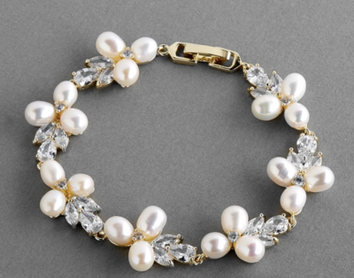 14K Gold Plated/Freshwater Pearl &amp; CZ Bracelet