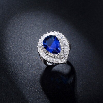 AAA Clear/Blue Cubic Zirconia Pear Free Size Formal Ring