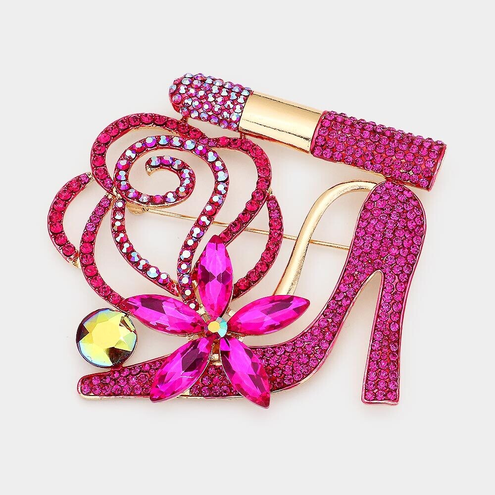 Rhinestone Pave High Heel Flower Lipstick Brooch, Color: Fuchsia