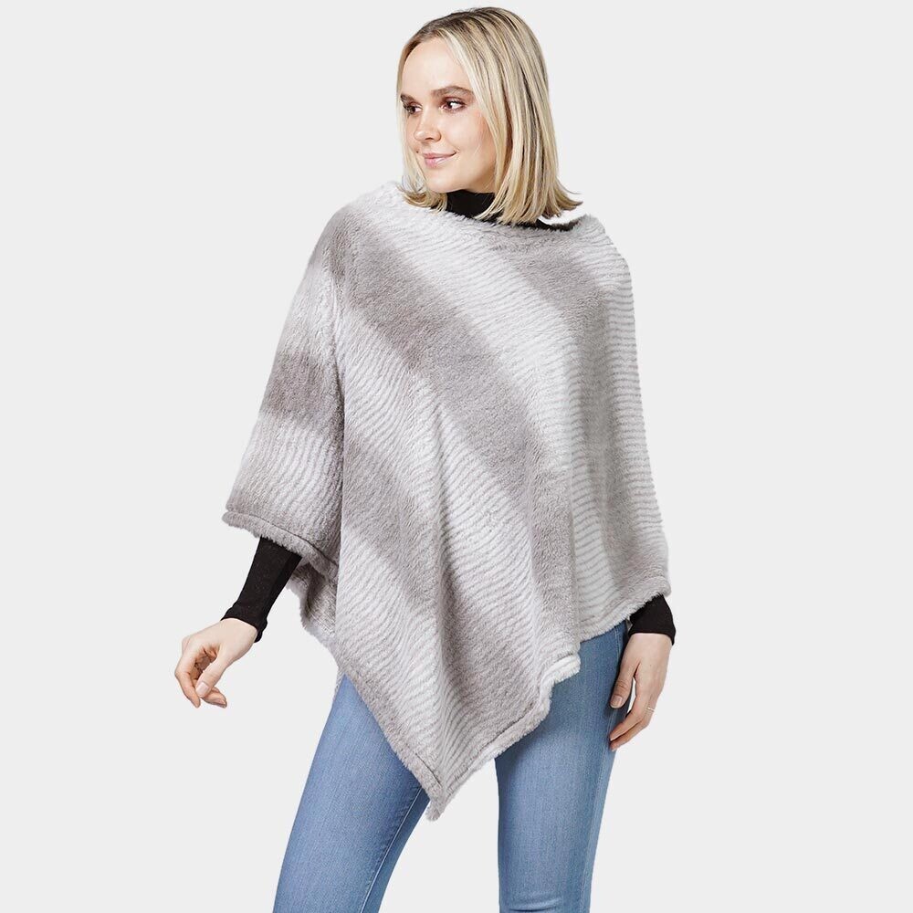 Grey Ombre Stripe Faux Fur Poncho