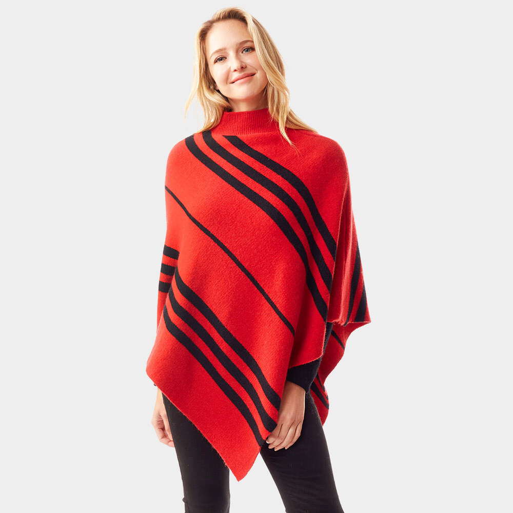 Vertical Striped Turtle Neck Poncho, Color: Red