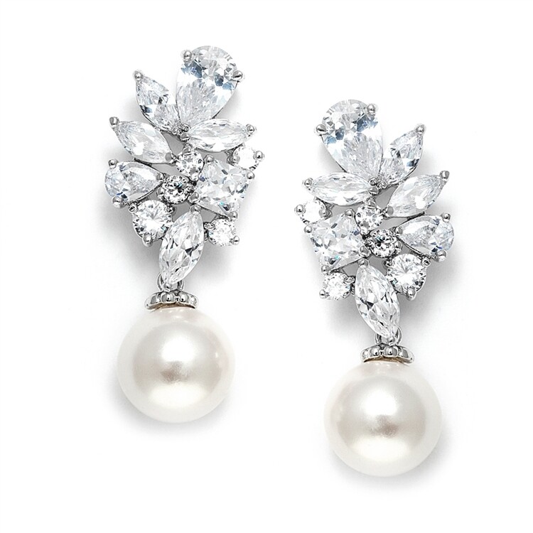  AAA Cubic Zirconia Cluster Top Earrings with Pearl drop