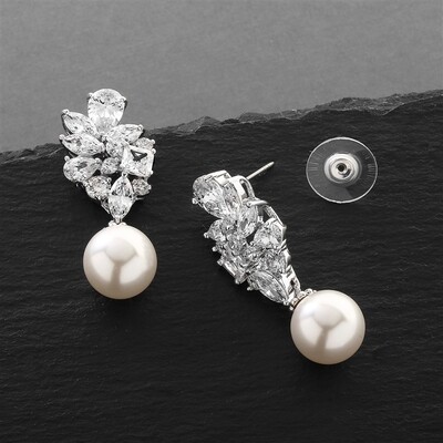  AAA Cubic Zirconia Cluster Top Earrings with Pearl drop